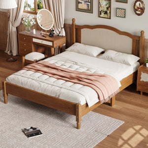 English Elm Queen Arched Rattan Headboard Platform Bed Matte Pine Frame No Box Spring Needed Walnut N733P180013D