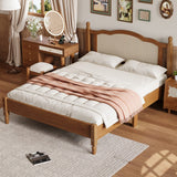 Queen Wooden Platform Bed, Rattan Headboard, Vintage Frame, Walnut Finish