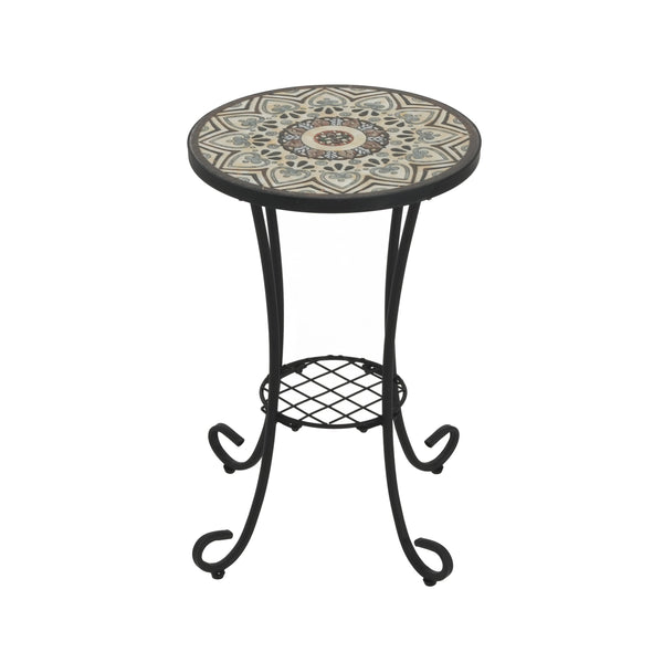English Elm Christopher Knight Home® - Patio Side Table with Vibrant Ceramic Floral Top, Powder-Coated Steel Frame, Weather-Resistant Finish Brown+Black N768P214810A