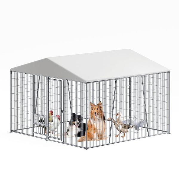 English Elm 10 X 10 Ft Heavy Gauge Steel Outdoor Dog Kennel with Pvc Roof and Feeding Basin W1820S00023