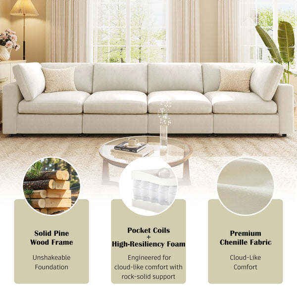 English Elm U-style 113" Upholstered Modular Sofa with Built-In Bluetooth Audio, Wireless Charging & Storage Beige WY000457AAA