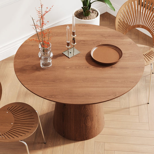 English Elm 43 inch circular dining table with minimalist MDF grain finish, sturdy Nordic base, quick 10–15min assembly, elegant family centerpiece Walnut W1727S00020