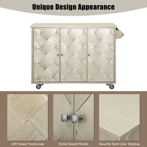 English Elm K&K Farmhouse Kitchen Island with 3D Wave Stripes Ash Veneer, Drop Leaf, Rolling Cart Storage Champagne N707P207916X