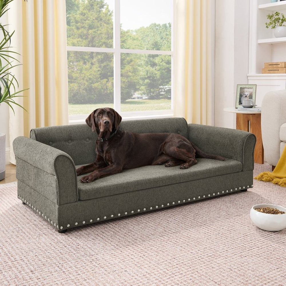 English Elm Oversized Dog Sofa Bed in Linen with Rubberwood Frame Armrests and Backrest Support W487P430329