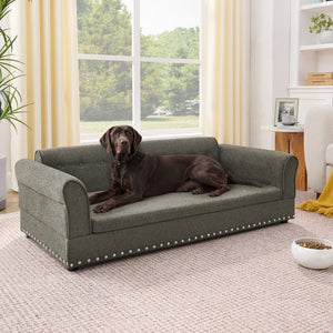 English Elm Oversized Dog Sofa Bed in Linen with Rubberwood Frame Armrests and Backrest Support W487P430329