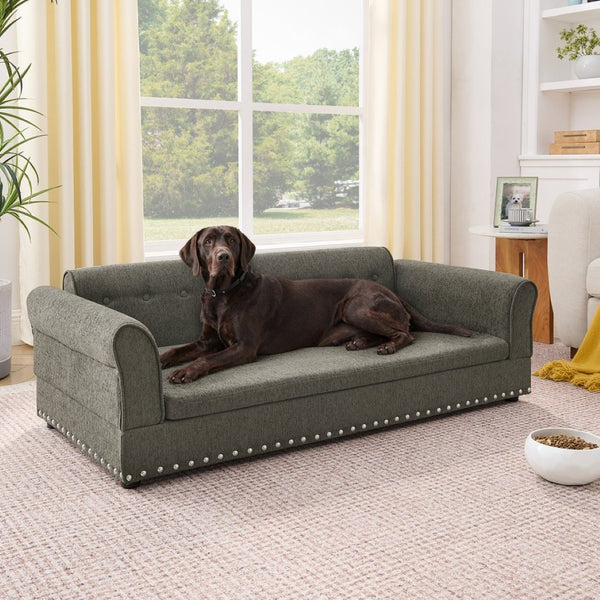 English Elm Oversized Dog Sofa Bed in Linen with Rubberwood Frame Armrests and Backrest Support W487P430329