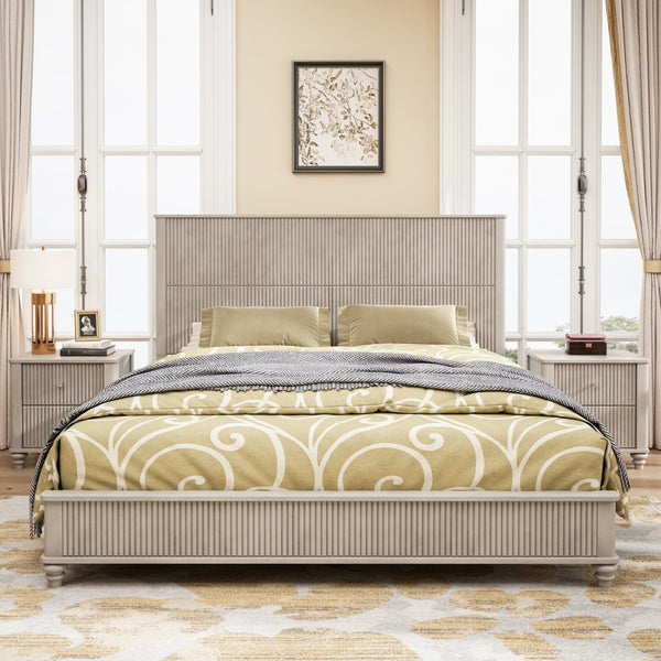 English Elm Solid Rubberwood Queen Platform Bed Tall Headboard Natural Grain No Box Spring W1716S00018
