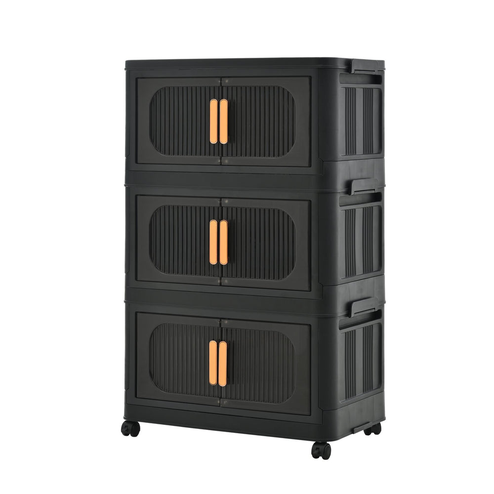 English Elm Black, 3-Tier 20" Folding Storage Cabinet with Wheels, Magnetic Door, Durable PP Plastic Organizer for Home and Dorm (31.1" H) W2873P239382
