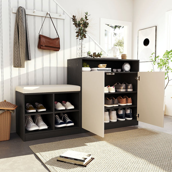English Elm U_style Entryway Console Set with Wavy Doors Cushioned Bench and Adjustable Shoe Storage N711P345166B