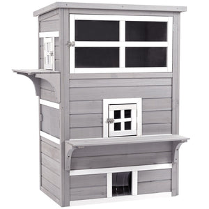 English Elm Pawhut 3-Story Cat House - Cozy Multi-Level Feral Shelter With Escape Doors, Jumping Platforms, Grey W2225P200611-GIGA