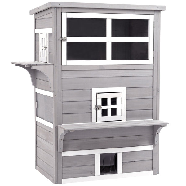 English Elm Pawhut 3-Story Cat House - Cozy Multi-Level Feral Shelter With Escape Doors, Jumping Platforms, Grey W2225P200611-GIGA
