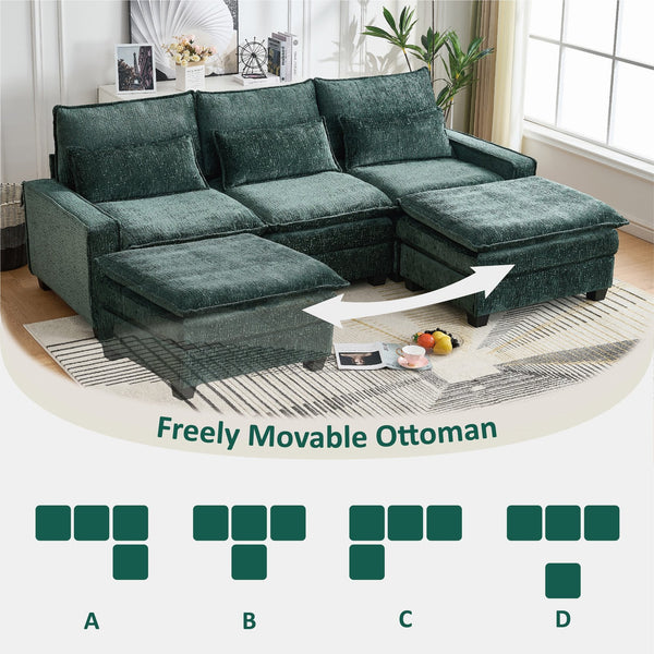 English Elm 99'' Sectional Cloud Deep Seat Couch - Plush Chenille 4-Seat L-Shaped Sofa with Movable Ottoman, Stain-Resistant Comfort and Ergonomic Lumbar Support Green W3373S00025