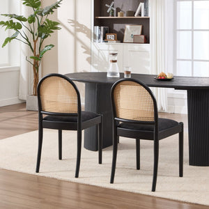 English Elm Rattan Backrest Dining Chairs Set of 2 Teddy Fabric Cushion Solid Wood Legs Kitchen Black W3244P475533