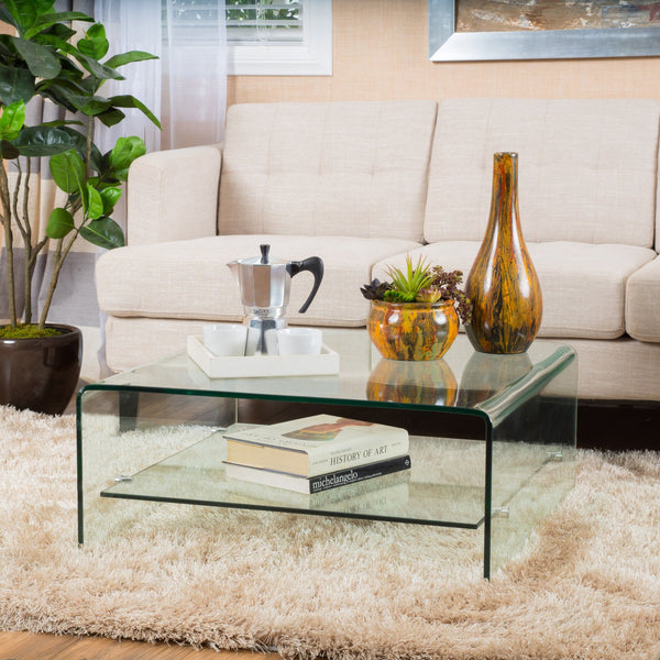 English Elm Christopher Knight Home® - COFFEE Atticus Tempered Glass Coffee Table Clear 34.5" Square Modern Shelf Design 17.5"H 57613.00