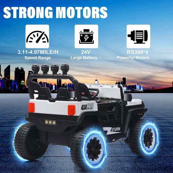 English Elm 24v Two Seat Kids Ride on Car with 4wd Motor Remote Control and Led Lights White W509P378204