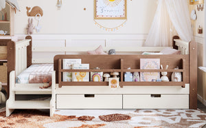 English Elm Twin Pine Floor Bed with Guardrails Built-in Bookcases and Stair Steps for Kids Beige W1580P430199