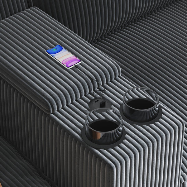 English Elm sofa L-Shaped 6-Seater Grey Fabric with Center Island, USB Charging, Cup Holders & Storage Space W680P314067