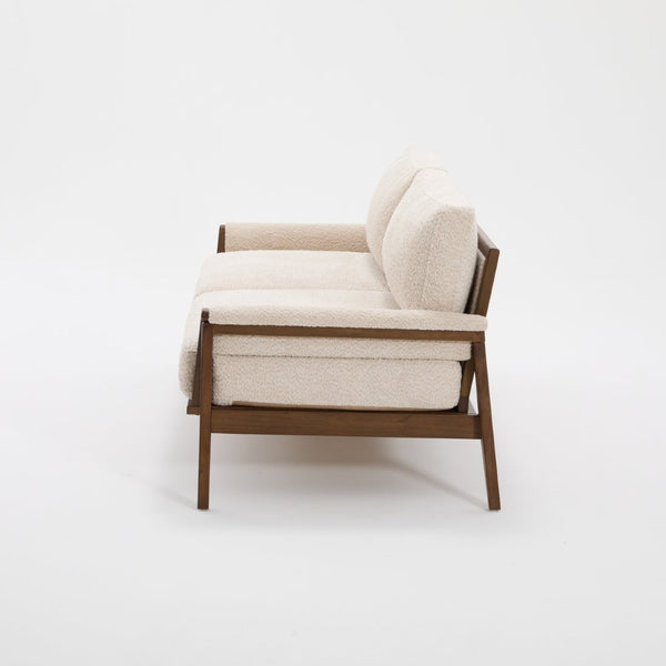 English Elm Mid-century Modern Boucle Upholstered Three Seat Sofa with Walnut Finish Wood Legs Beige N773P411407S