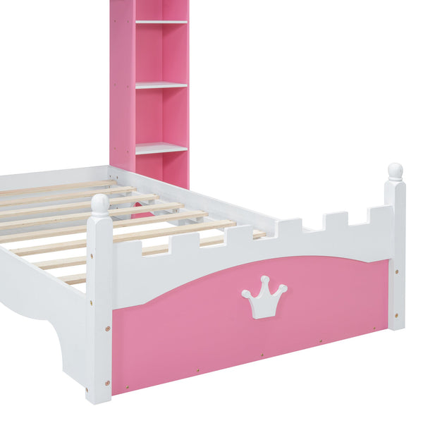 English Elm Castle-Shaped Twin Bed with Crown Footboard and Built-In Shelves, Sturdy MDF/Pine Frame for Kids Pink+White 56.69 L x 17.72 W x 5.51 H N733S177379H