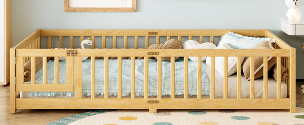 English Elm Queen Kids Floor Bed with Safety Guardrails and Door for Independent Sleep, Pine Frame, 82.7"x62.6" Natural W1580P338954