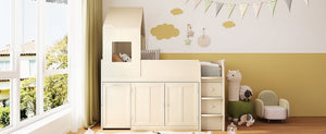 English Elm Twin House Loft Bed with Pull Out Rolling Desk Stair Drawers and Cabinet Storage Beige N820S00072A