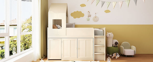 English Elm Twin House Loft Bed with Pull Out Rolling Desk Stair Drawers and Cabinet Storage Beige N820S00072A