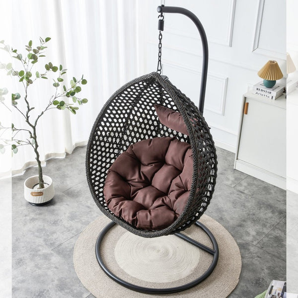 English Elm 76.8-inch Hand Woven Rattan Egg Swing Chair Indoor Outdoor with Cushion Lumbar Pillow Black W1512P498596