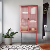 English Elm Retro Style Red Tall Freestanding Display Cupboard Stylish Fluted Glass Storage Cabinet With Glass Doors Three Detachable Shelves Bottom Space For Office Dining Room Living Room (Old Sku:W68751710)