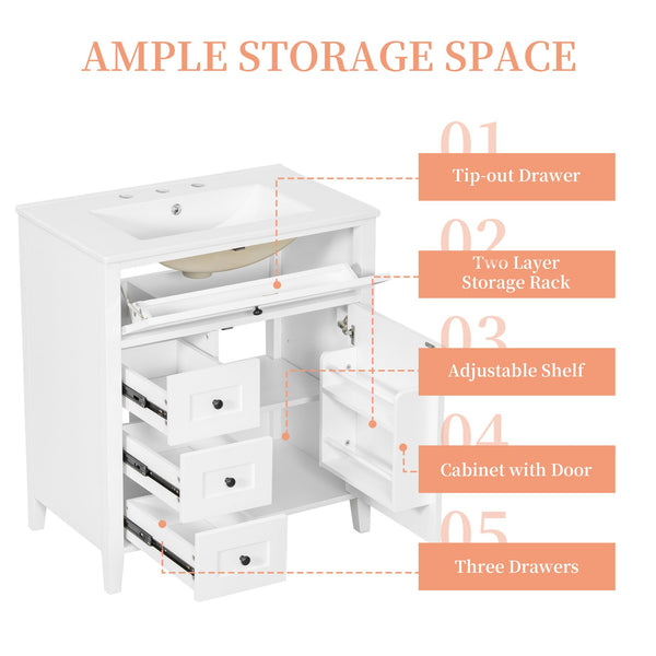 English Elm 30-Inch Contemporary Bathroom Vanity with Sink, MDF & Rubberwood, Glossy Finish, 3 Drawers + Cabinet White N725P350819K