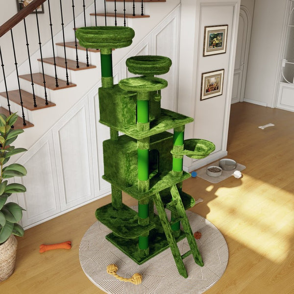 English Elm Large 7 Tier Plush Cat Tree with Dual Condos Hammock Sisal Posts for Multi Cat Homes Green W1578P447622
