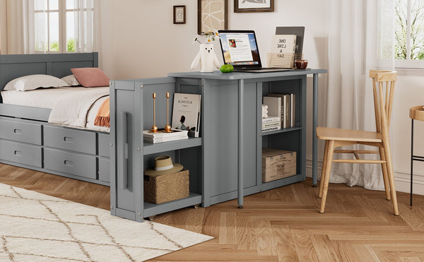 English Elm Twin Multifunctional Wood Platform Bed with Built-In Desk, Trundle & 3 Drawers for Small Spaces Gray 44.3 L x 23.1 W x 9 H N733S212832E