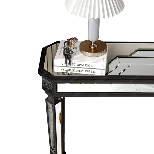English Elm Black Mirror Console Table with Vintage Wood Carvings, Mirrored Finish, Elegant Entryway Focal Piece W1445P270519