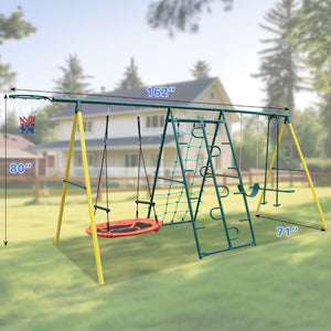 English Elm 2 in 1 Kids Outdoor Steel A-frame Backyard Swing Set with Saucer and Belt Seats W1408P163259
