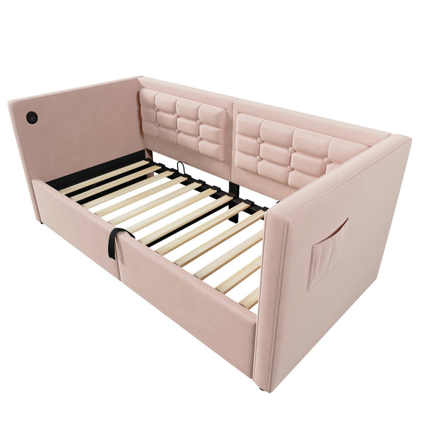 English Elm Upholstered Twin Daybed with Hydraulic Storage, Velvet Tufted Sofa Back, USB & Type-C Charging Port Pink N736P303402P