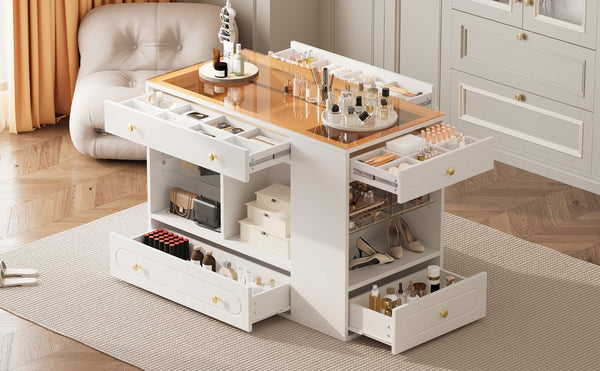 English Elm Closet Elegant walk-in island with glass display top, 6 drawers and open shelves for organized storage White 39.76 L x 17.32 W x 12.2 H N733S304513K