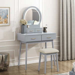 English Elm Beautiful LED Vanity Dresser with Touch Mirror and Padded Stool, Luxe Wood Finish, Brass Pulls, Storage Gray 33.75 L x 21.75 W x 13.25 H B011P347849