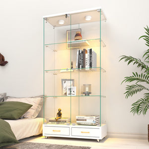 English Elm Modern Glass Display Cabinet With Led Lights & Drawers - Stylish 4-Shelf Storage For Any Room W241S00058