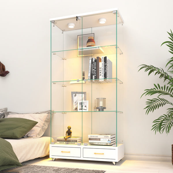 English Elm Modern Glass Display Cabinet With Led Lights & Drawers - Stylish 4-Shelf Storage For Any Room W241S00058