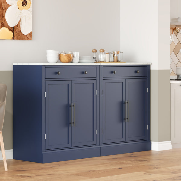 English Elm [Assembly Modern Freestanding Kitchen Pantry with Faux Marble Top, Set of 2 Cabinets with Drawer, Adjustable Shelves, Sleek Durable Design for Dining Room and Coffee Bar Blue SP000074AAC