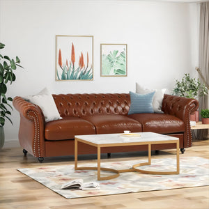 Christopher Knight Home® - Noble House - - 84.50'' Mid Century Cognac Brown 3-Seater Sofa, Pu, Classic Retro Sofa With Rolled Arms – Modern, Elegant, And Comfortable Couch, Perfect For Living Room, Office, Bedroom, Primary Living Spaces