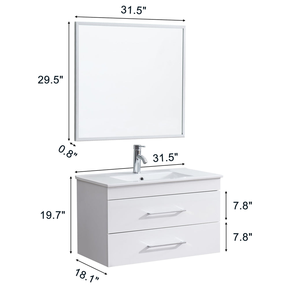 English Elm 32-Inch Wall-Mounted Bathroom Vanity - Modern Glossy White Design With Soft-Close Drawers & Sink W3151S00004