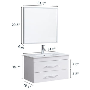 English Elm 32-Inch Wall-Mounted Bathroom Vanity - Modern Glossy White Design With Soft-Close Drawers & Sink W3151S00004