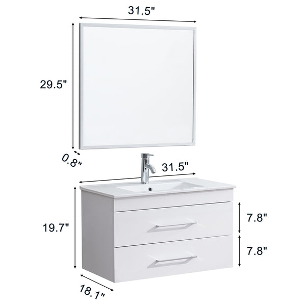 English Elm 32-Inch Wall-Mounted Bathroom Vanity - Modern Glossy White Design With Soft-Close Drawers & Sink W3151S00004