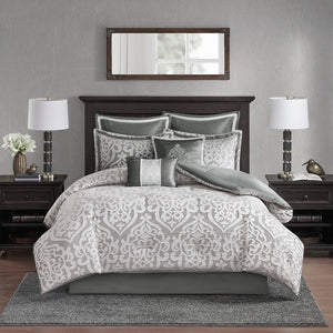 JLA Home Madison Park - 8 Jacquard Comforter Set with Damask Medallion, Satin Highlights, Euro Shams, Decorative Pillows & Bed Skirt — Hotel-Inspired Luxury 92 L x 104 W x 1.5H MP10-5886