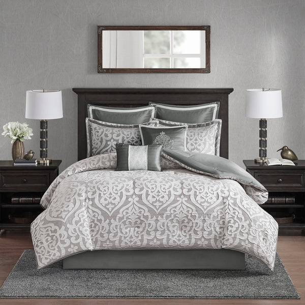 JLA Home Madison Park - 8 Jacquard Comforter Set with Damask Medallion, Satin Highlights, Euro Shams, Decorative Pillows & Bed Skirt — Hotel-Inspired Luxury 92 L x 104 W x 1.5H MP10-5886