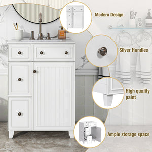 English Elm 24-Inch Bathroom Vanity Cabinet with Ceramic Sink, Space-Saving Storage, Solid Wood Feet, Durable Finish White WF532034AAK