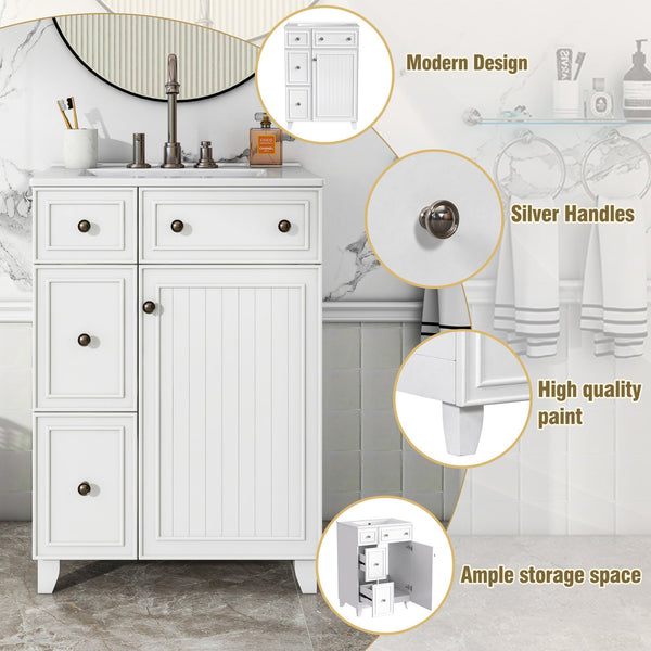 English Elm 24-Inch Bathroom Vanity Cabinet with Ceramic Sink, Space-Saving Storage, Solid Wood Feet, Durable Finish White WF532034AAK