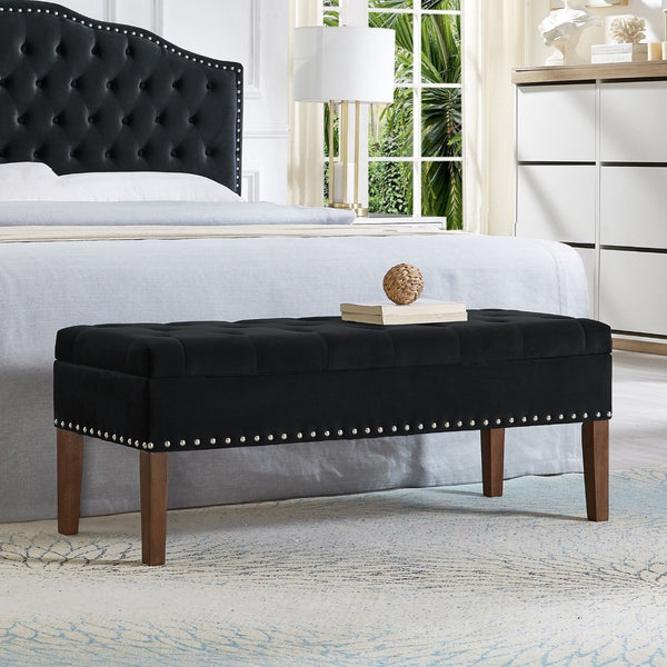 English Elm Tufted Velvet Storage Bench with Nail Head Trim Lift Top Lid for Bedroom Entryway Black W2186P262476
