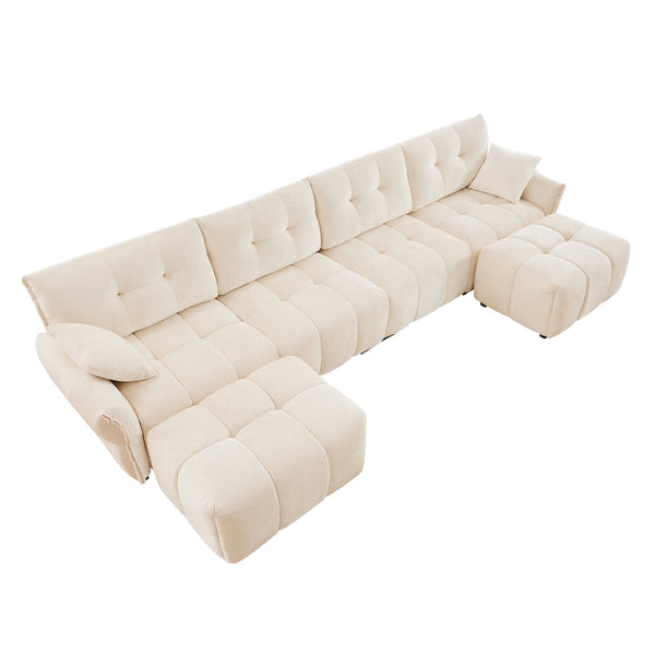 English Elm 4-Seater modular chenille sofa set with ottomans, tufted design, high-resilience cushions, durable wood frame White W714S01142