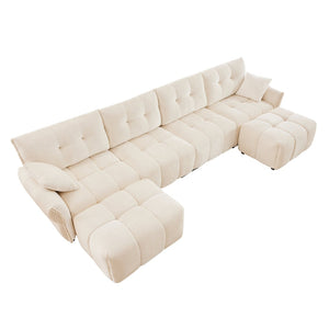 English Elm 4-seater Chenille Sofa Set with Ottomans Solid Wood Frame Tufted Living Room White W714S01658